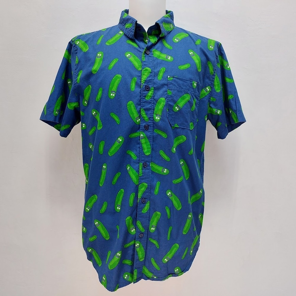 Rick and Morty Button Down Shirt Men's Large Blue Pickle Rick Print Cotton Pop